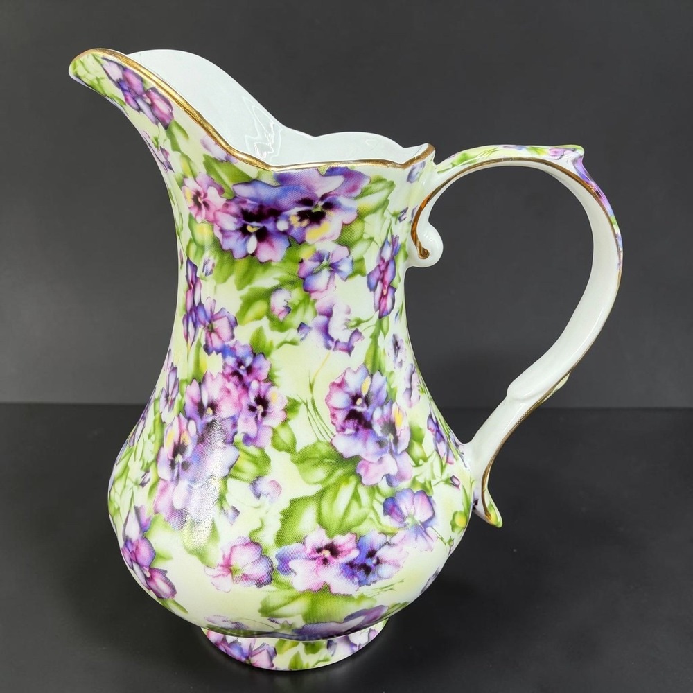 Royal Danube Purple Pansy Floral Porcelain Pitcher Jug Gold Trim 6 Inch Vase